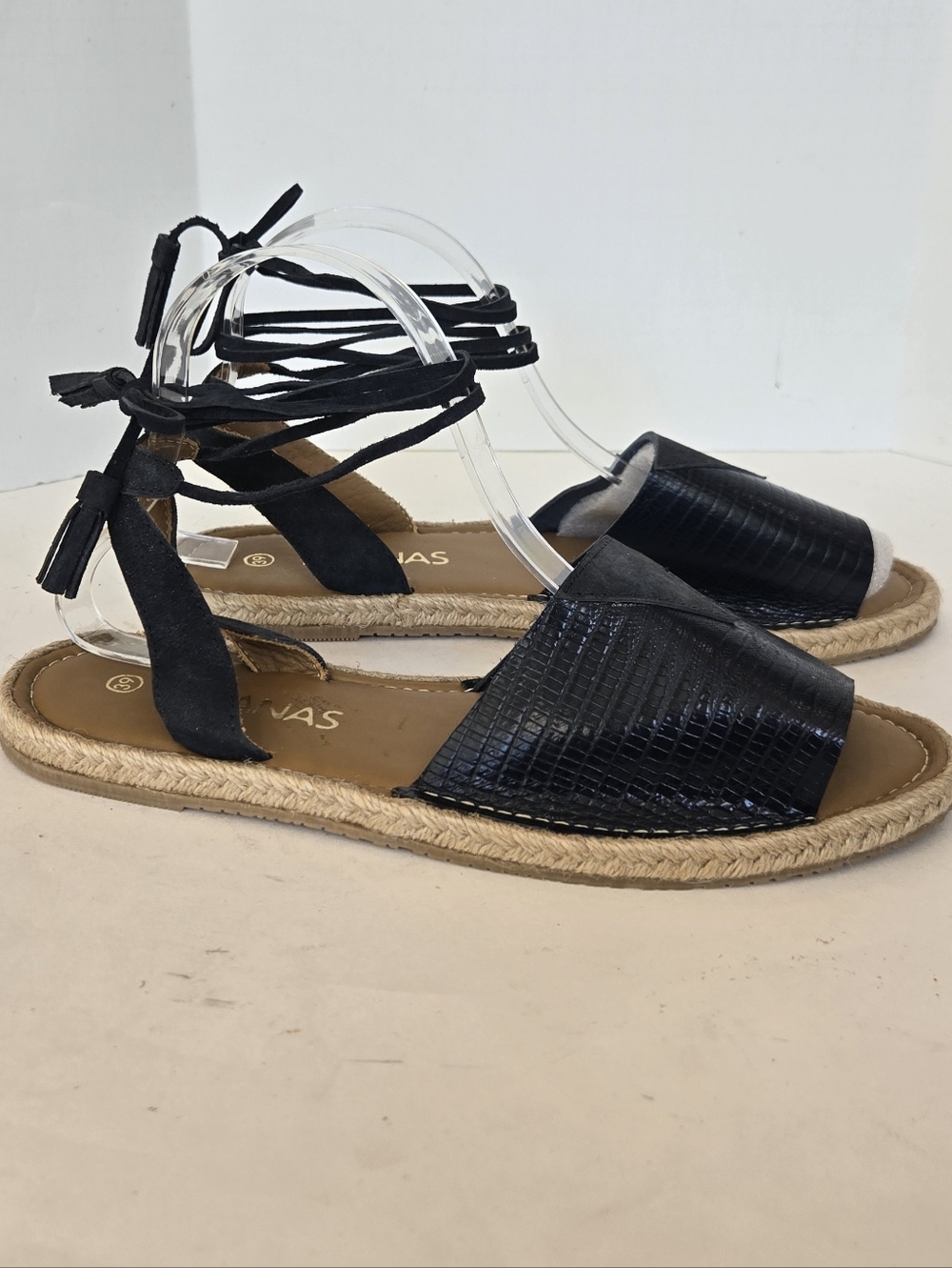 Kaanas Black Textured Espadrille Wrap Sandals with Suede Ties